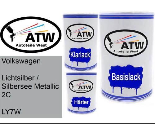 Volkswagen, Lichtsilber / Silbersee Metallic 2C, LY7W: 500ml Lackdose + 500ml Klarlack + 250ml Härter - Set, von ATW Autoteile West.